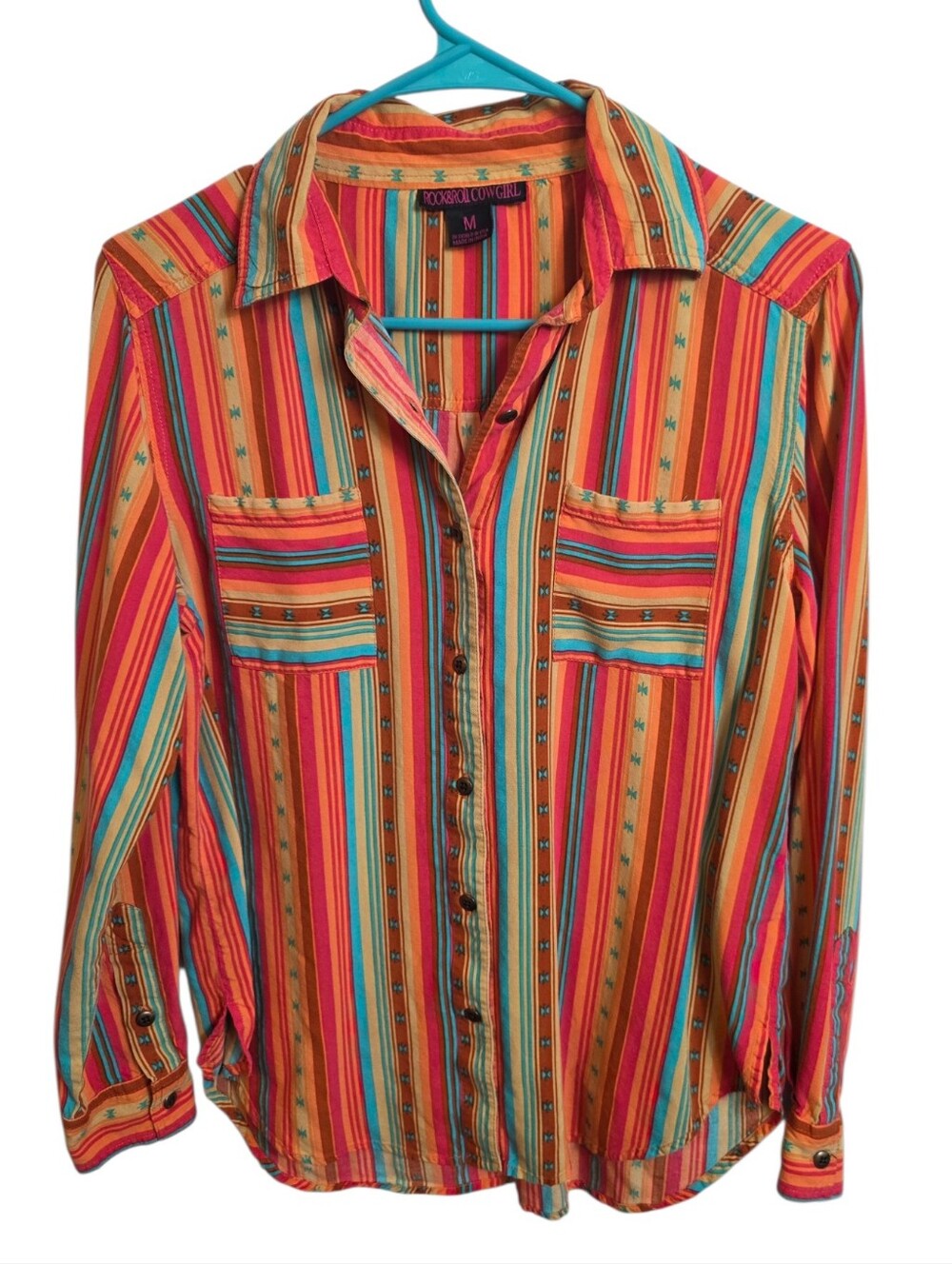 Rock & Roll Cowgirl Medium Serape Stripe Button Down Western Shirt Boho